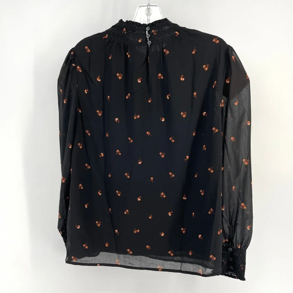 Madewell Smocked Mockneck Long Sleeve Top Black Floral Sheer Chiffon Small S